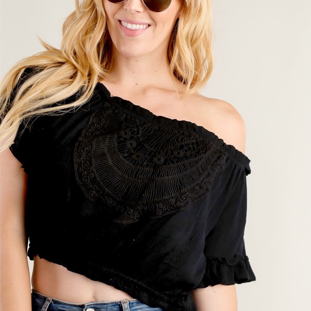 Black Crochet Off Shoulder Top - Multiple Sizes